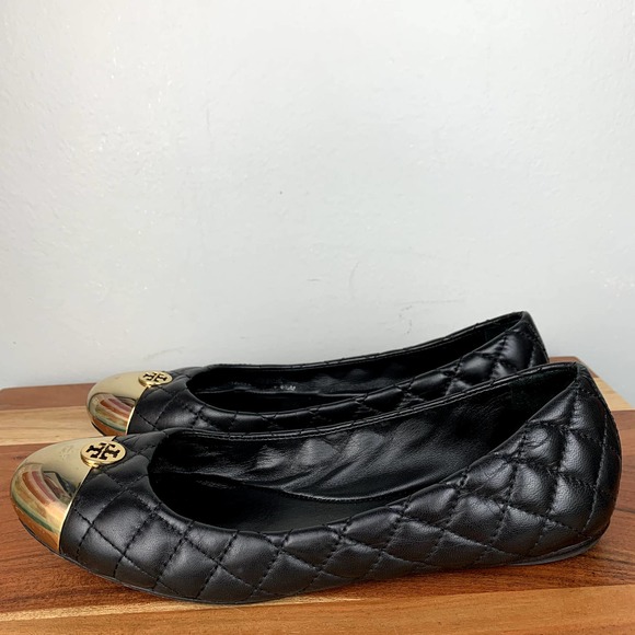 Tory Burch Kaitlin Flats Black Quilted Leather Gold Logo Ballet Shoes size 8.5 - Picture 7 of 12
